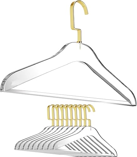 Miniatura 15 de Perchas de acrílico transparente para faldas, paquete de 10 unidades, elegantes y resistentes, 0.5 pulgadas de grosor, organizador de ropa de Dorado