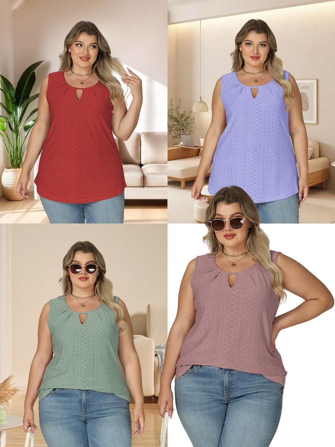 VISLILY Plus-Size-Tank-Tops for Women Summer Trendy Keyhole Neck Shirts Cute Eyelet Tunics Casual Sleeveless Blouse XL-5XL - Image 5