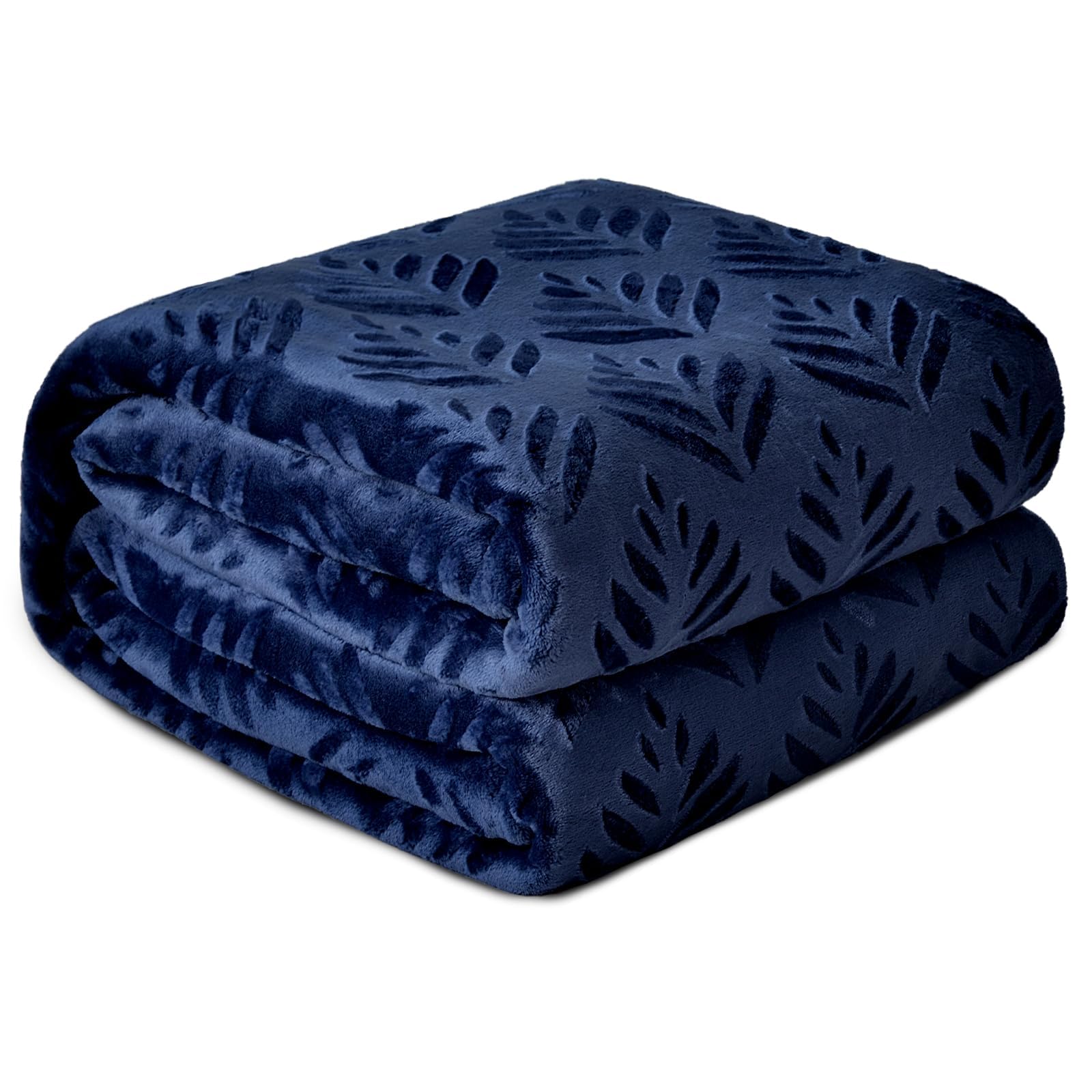 Exclusivo Mezcla Fleece Throw Blanket for Couch, Super Soft and Cozy Blankets All Season Use, Leaves Pattern, Plush Fuzzy Lightweight, Navy Blue,