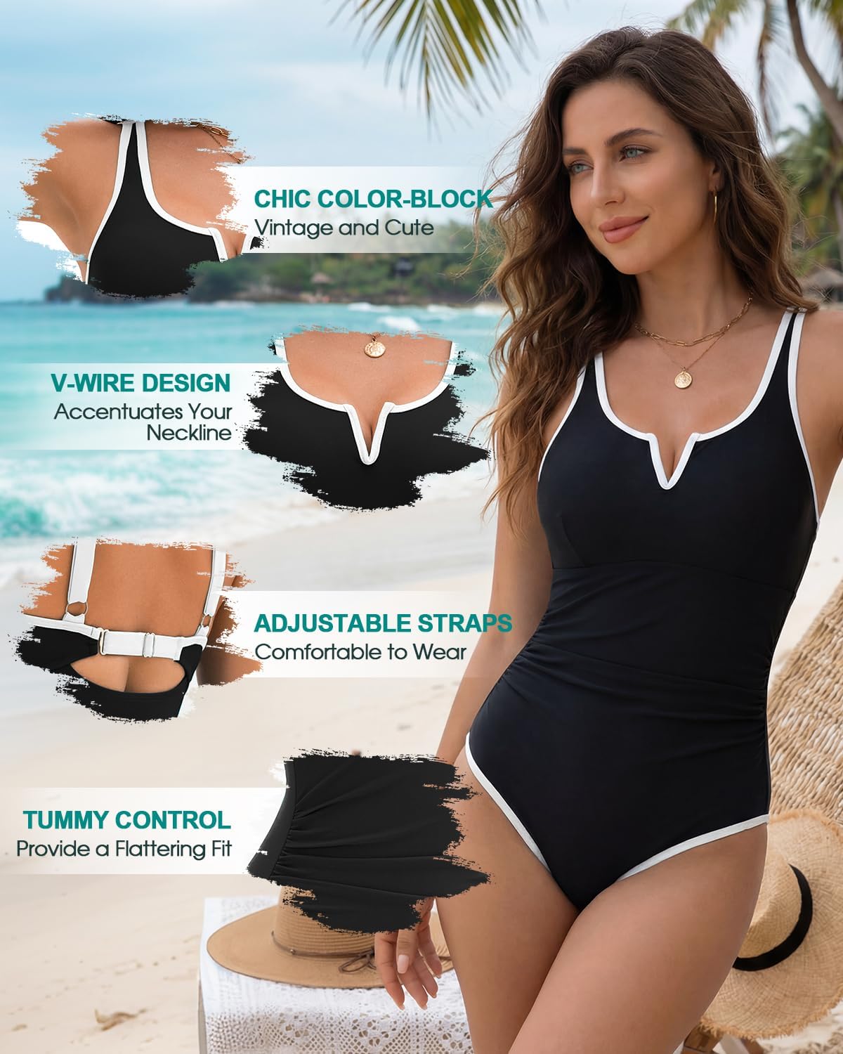 Century Star Women Tummy Control One Piece Swimsuit - Slimming Color Block Bathing Suit Sexy Summer Swimwear 2026