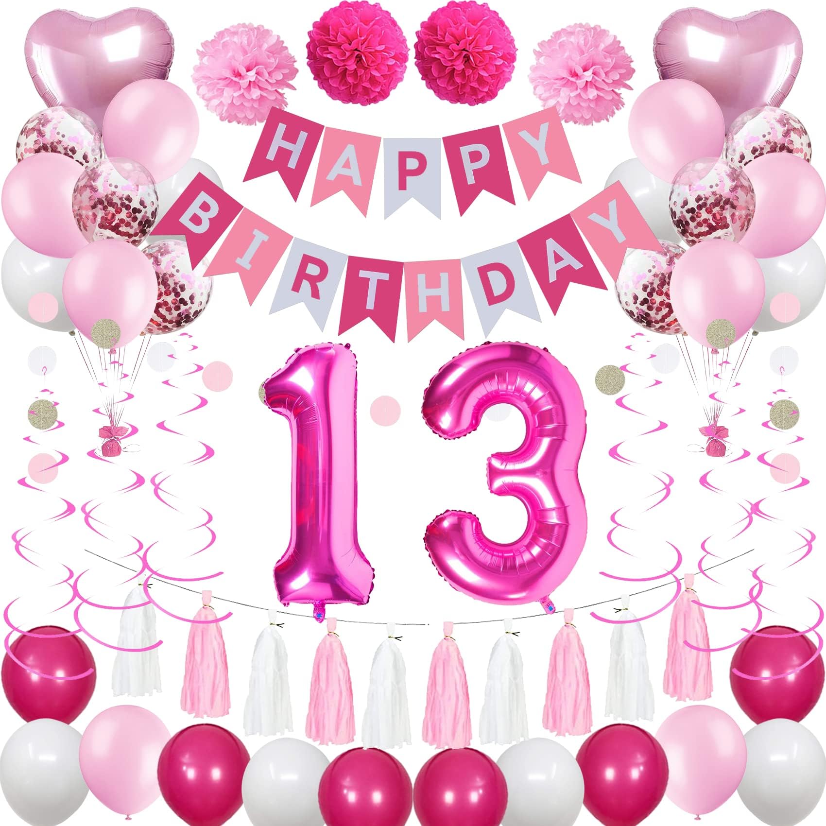 Sweet 13th Birthday Decorations for Girls, Pink and White 13 Happy Birthday Balloons, 13th Birthday Party Supplies Including Pink Happy Birthday