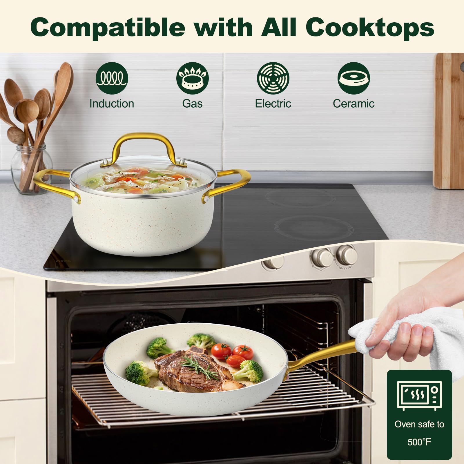 M MELENTA Batterie de cuisine induction 7 pièces, 2 Casseroles 16/20cm + 1 Poele 24cm, Lot casserole et poele anti adhesive, Avec poignée dorée et ustensiles, Compatible Four, Blanc