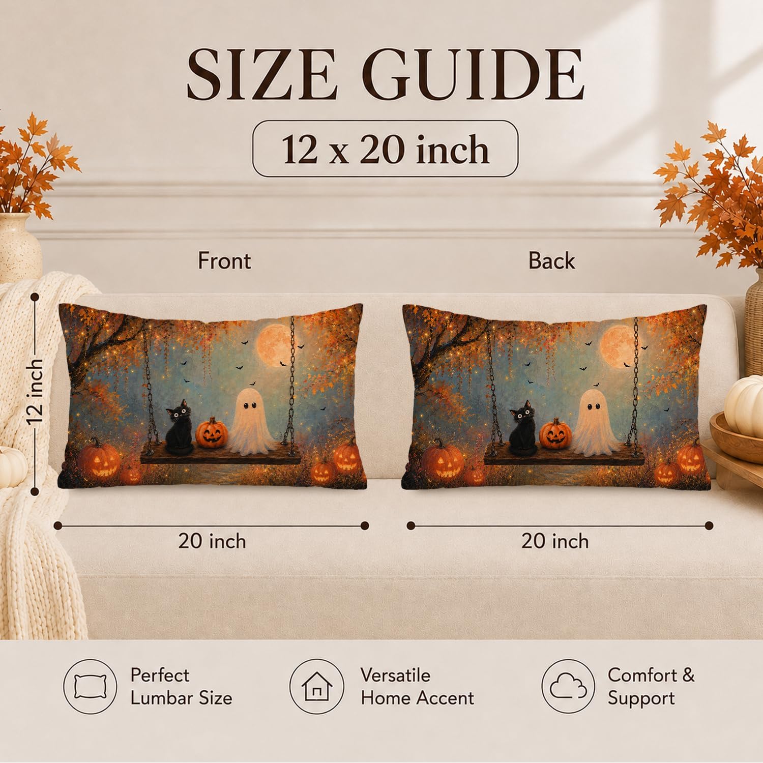 Halloween Fall Ghost Black Cat Pumpkin 12x20 Pillow Cover Decor
