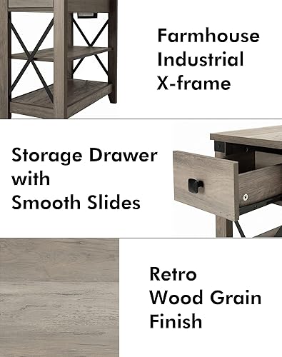 Miniatura 25 de Mesa auxiliar estrecha con estación de carga, mesa auxiliar delgada de granja, con puertos USB, mesa de noche con cajón de almacenamiento abatible,