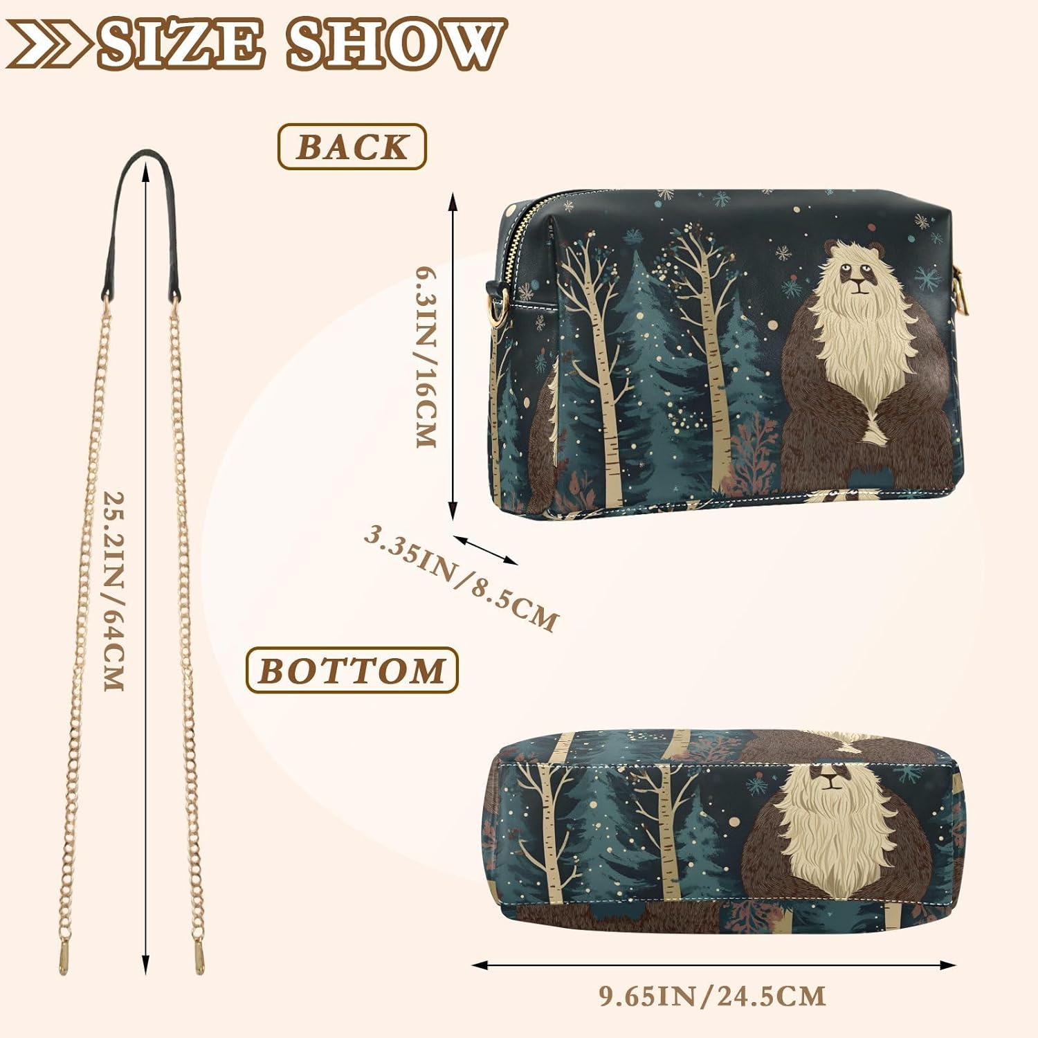 Women Crossbody Bag Shoulder Handbag Cellphone Purse PU Leather Metal Chain Strap Water Resistant Zipper Closure Sasquatch Christmas Print