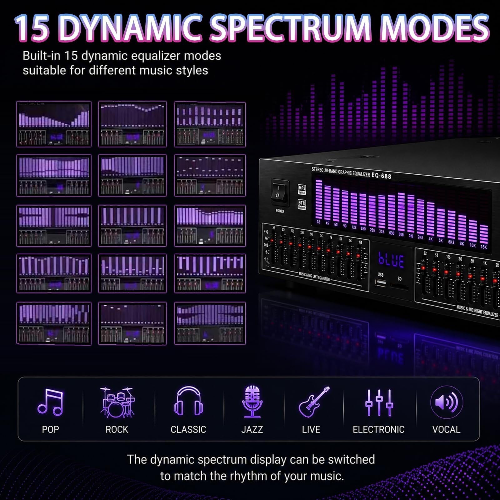 Ecualizador gráfico Hi-Fi de 20 bandas, procesador de audio estéreo digital con 15 efectos dinámicos, pantalla LED de espectro, analizador de espectro musical con control independiente