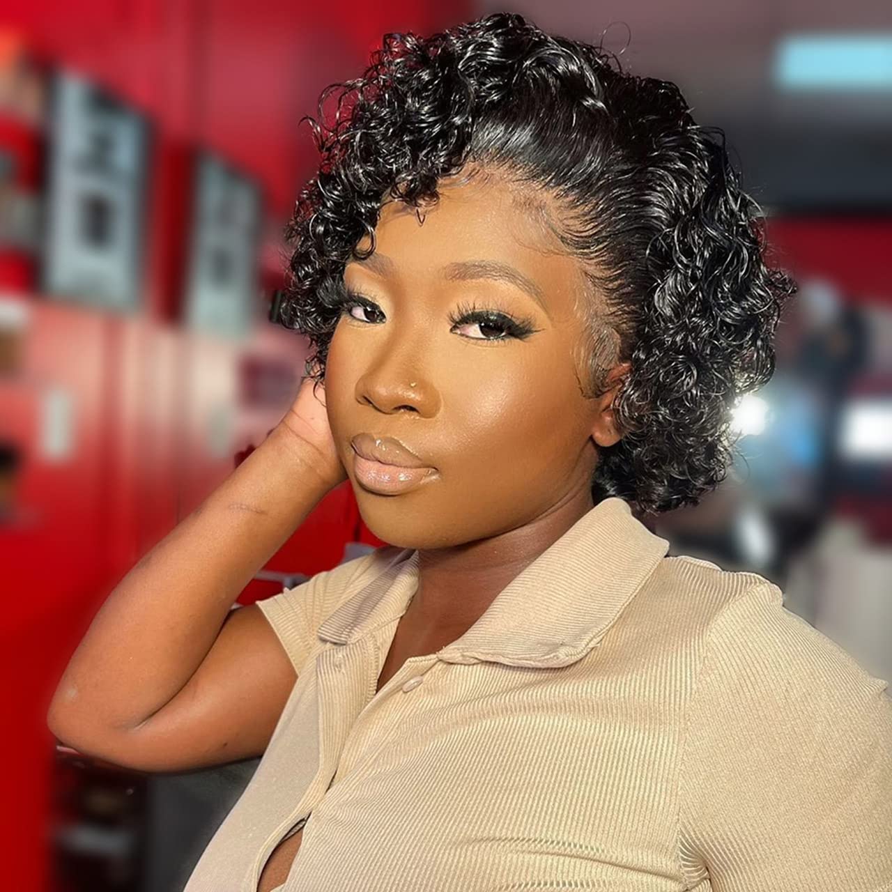 Asteria 6 Inch Deep Wave Short Bob Wigs Human Hair for Black Women 13x4x1 Pixie Cut Wigs with Natural Hairline Short Cut Curly Pixie Glueless Lace Wig Hair