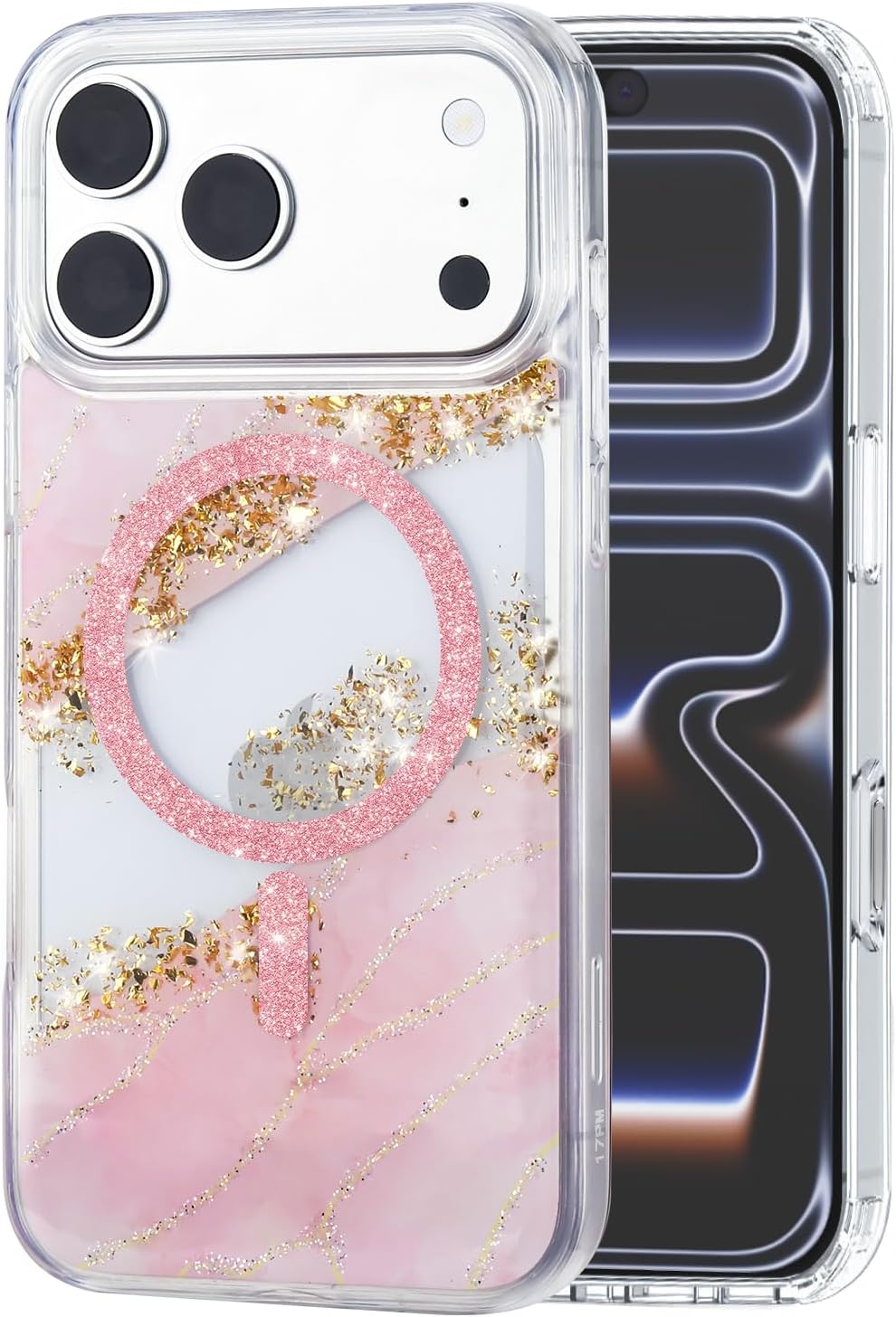 Glitter Case for iPhone 17 Pro Max, Luxury Shiny Bling Sparkly Phone Cover, Wireless Charge Compatible with MagSafe,Cute Marble 3D Gold Foil Accents Clear Cover for Women, Girls - Pink - Image 4