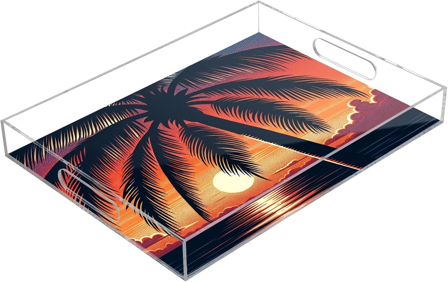Tropical Sunset Palm Serving Tray, Decorative Ottoman Trays with Handles for Breakfast, Coffee Table, Dining Room, Party - 16" x 12"