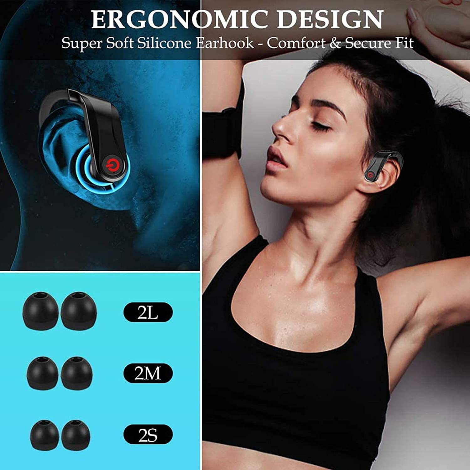 Auricolari wireless per sport e corsa, auricolari Bluetooth 5 in-ear cuffie wireless IPX5 resistenza al sudore con microfono e custodia di ricarica, batteria integrata per allenamento palestra