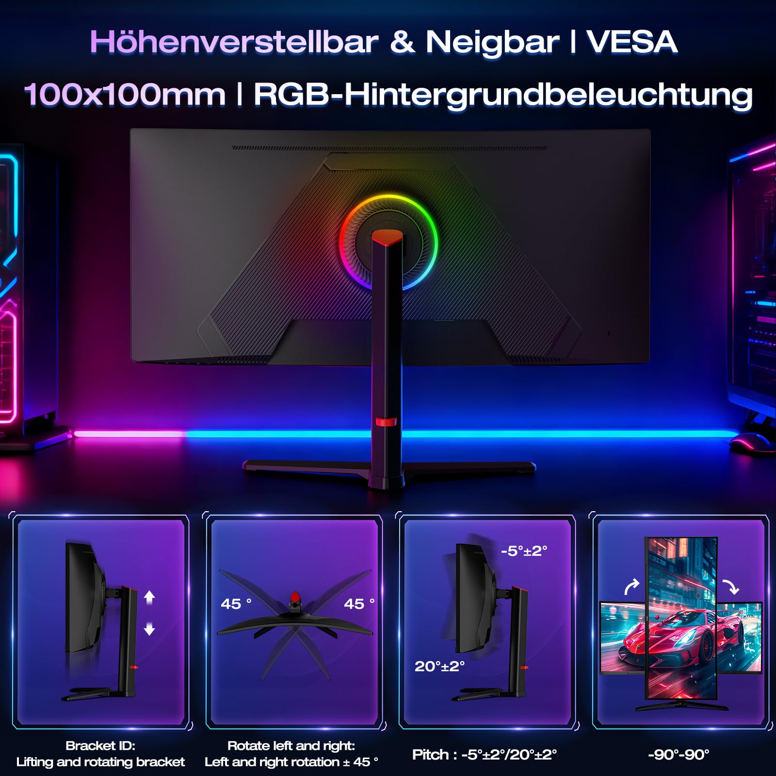 Gaming Monitor, 65W USB-C: 34 Zoll Curved 180Hz 4K | 4K (3440 x 1440 UWQHD) Ultrawide 21:9 Monitor Gaming 1500R VA. 180Hz, 1ms, 99% sRGB. HDMI 2.1, DP 1.4, RGB, höhenverstellbar