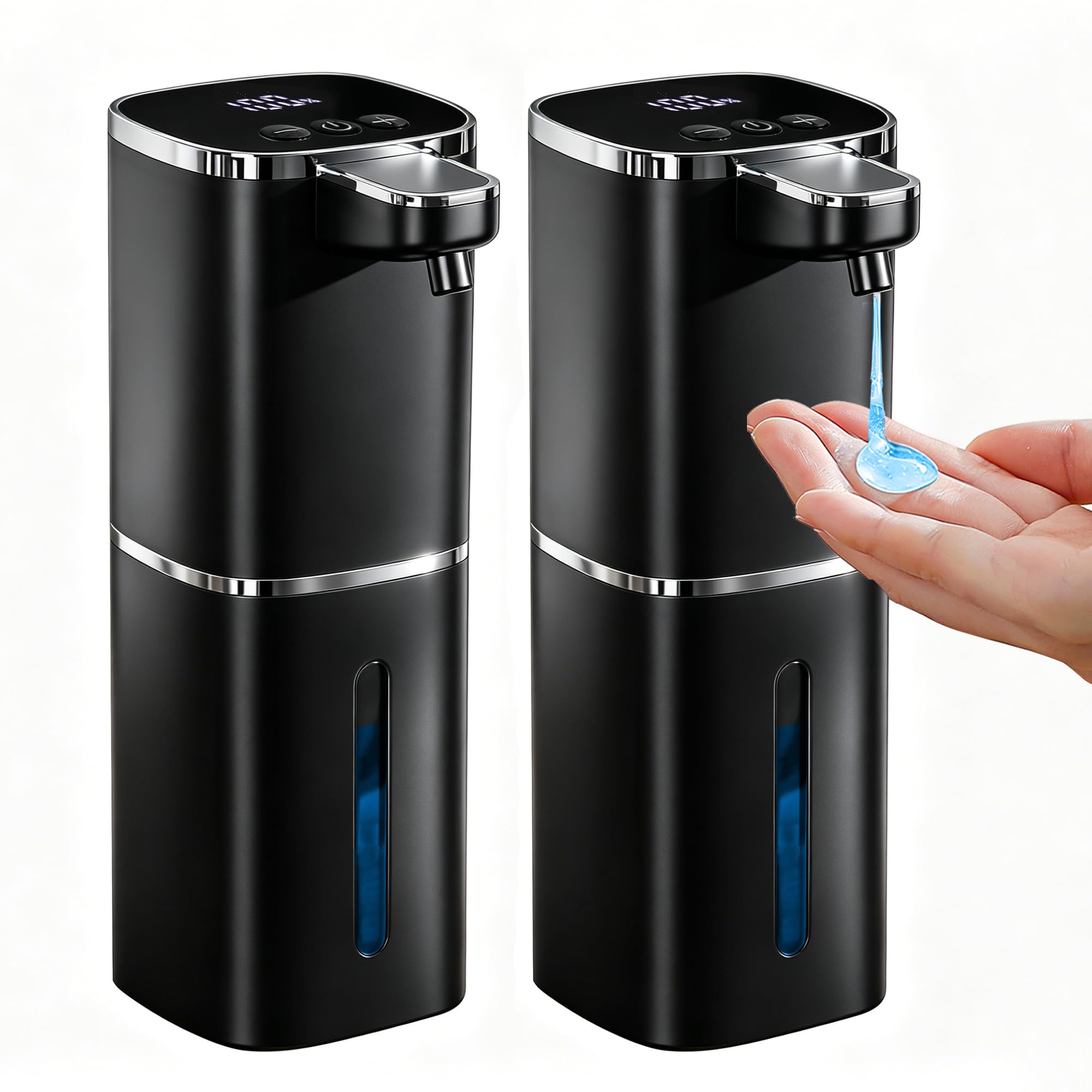 Confezione da 2 dispenser automatico di sapone liquido, ricaricabile, livelli di liquido regolabili, IPX5, senza contatto e da parete/da tavolo, per cucina e bagno, nero