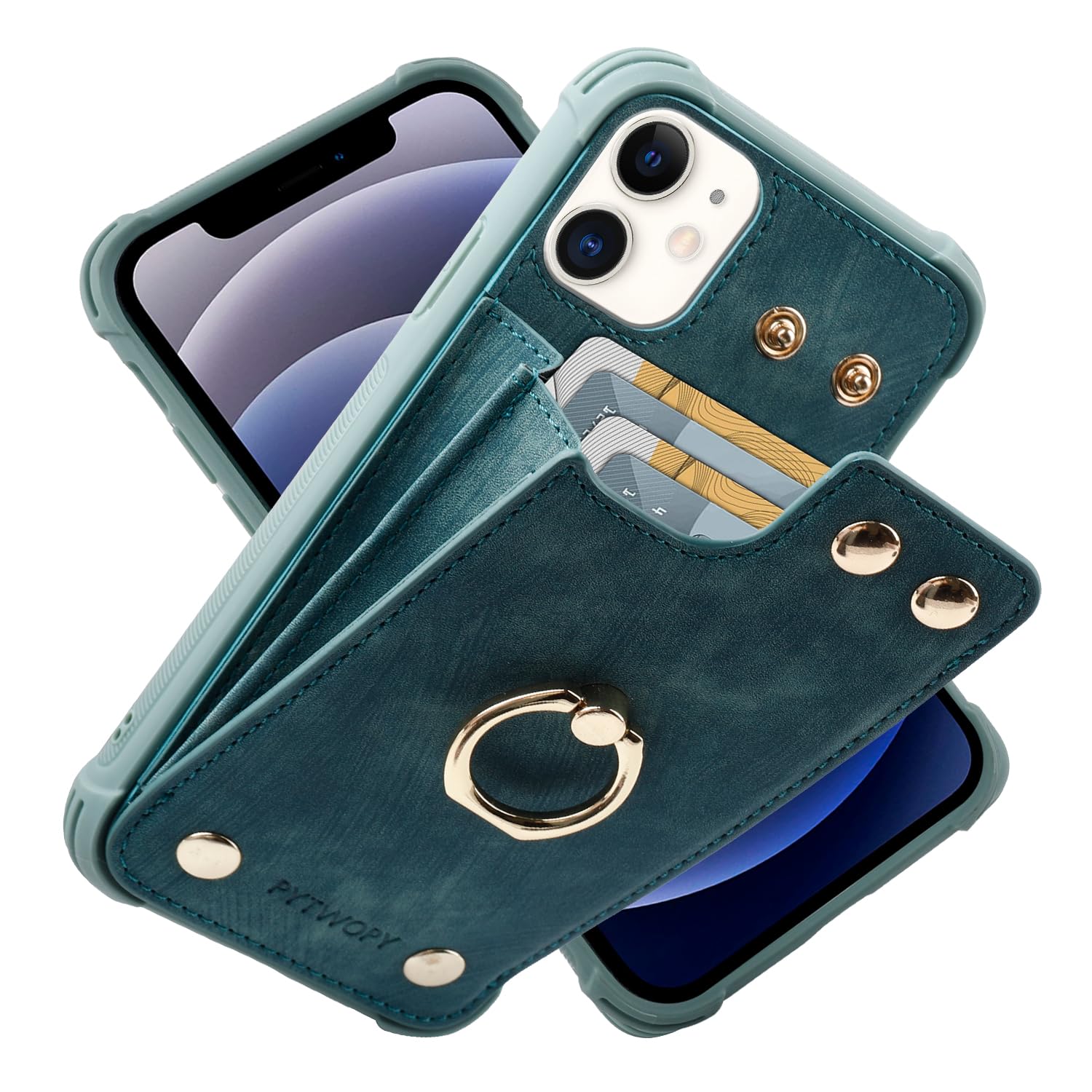PYTWOPY Wallet Case Compatible for iPhone 11 with Credit Card Holder,Shockproof Protective Phone Cover Supports 360°Rotation Ring Stand and RFID