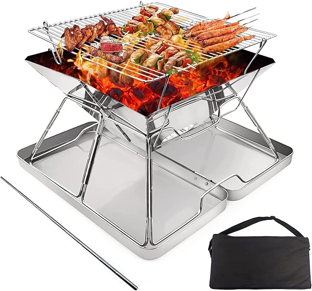 KAHEIGN Stainless Steel Fire Pit, Foldable BBQ Grill Rack Portable Campfire Pit Liftable Wood Burning Charcoal Grill for Camping Picnic Patio Backyard Garden - with Fire Tube, Iron Box, Carrying Bag