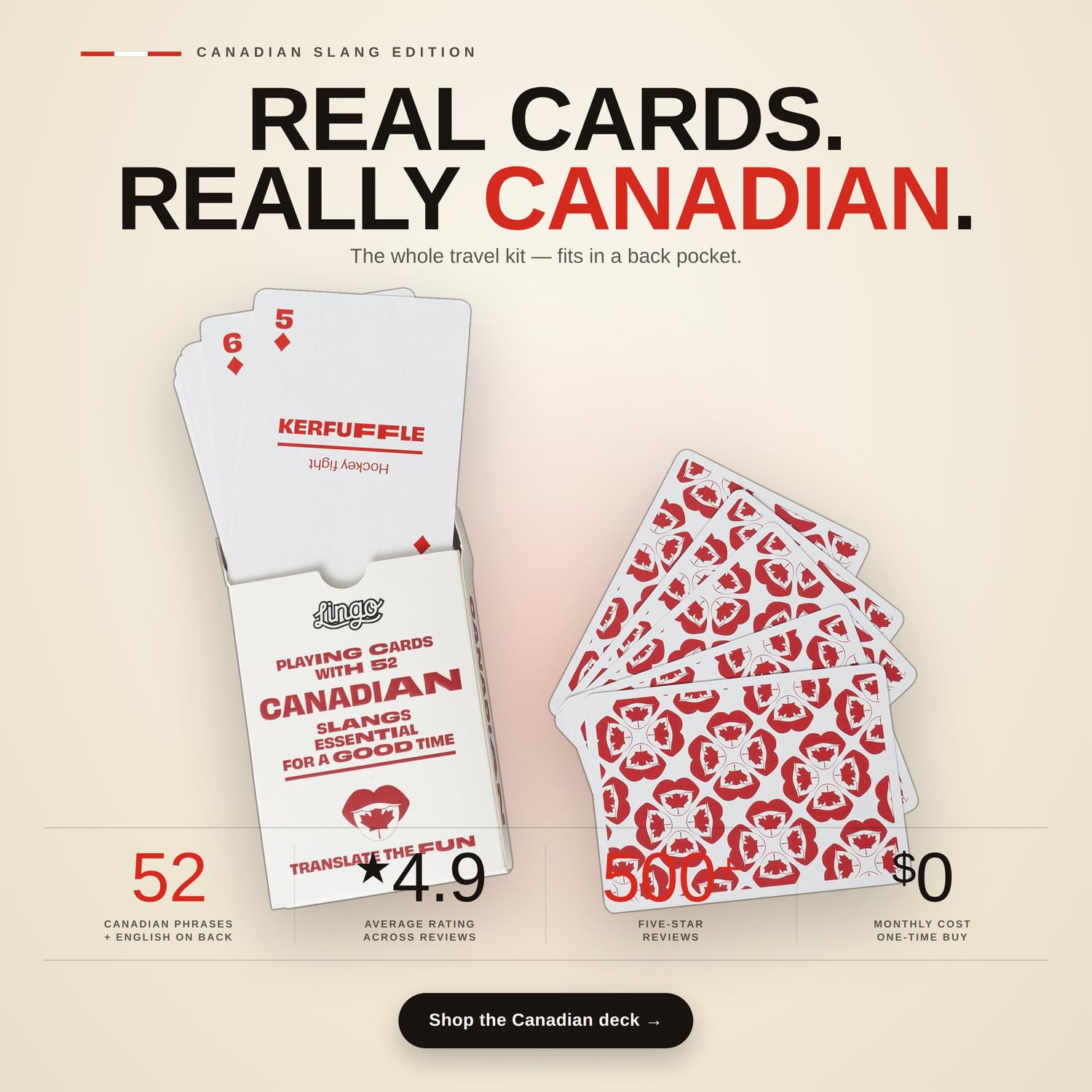 Canadian Lingo Spielkarten | Reise-Lernkarten | Lernen Sie kanadischen Slang-Wortschatz auf lustige und einfache Weise | 52 wichtige Übersetzungen