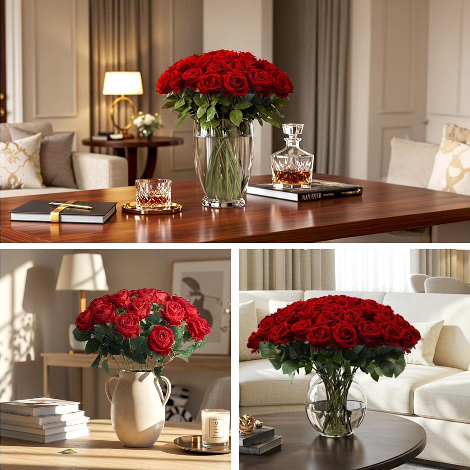 60 rose artificiali rosse in seta con steli pieghevoli per decorazione | Tessuto di seta rosso, 51 cm, realistico, steli flessibili, set da 60 pezzi, per bouquet da sposa, decorazione da tavolo