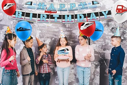 Miniatura 7 de Decoraciones de fiesta de tren de alta velocidad, suministros para fiesta de cumpleaños de tren bala, incluye pancarta de feliz cumpleaños de tren