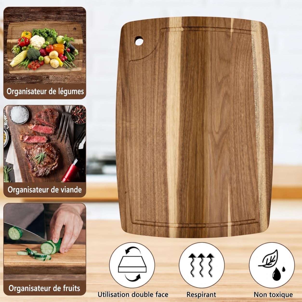 Lot de 6 Planches à Découper en Bois d’Acacia Naturel 35 x 25 cm – Planche de Cuisine Réversible avec Rigole à Jus, Solide et Polyvalente pour Viande, Fromage, Légumes et Pain