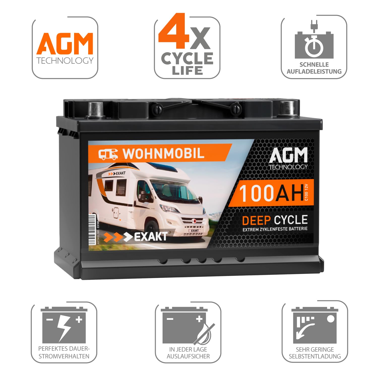 EXAKT AGM Batterie 100Ah 12V Solarbatterie Wohnmobil Batterie Wohnmobilbatterie AGM 95 Ah Bootsbatterie Solar