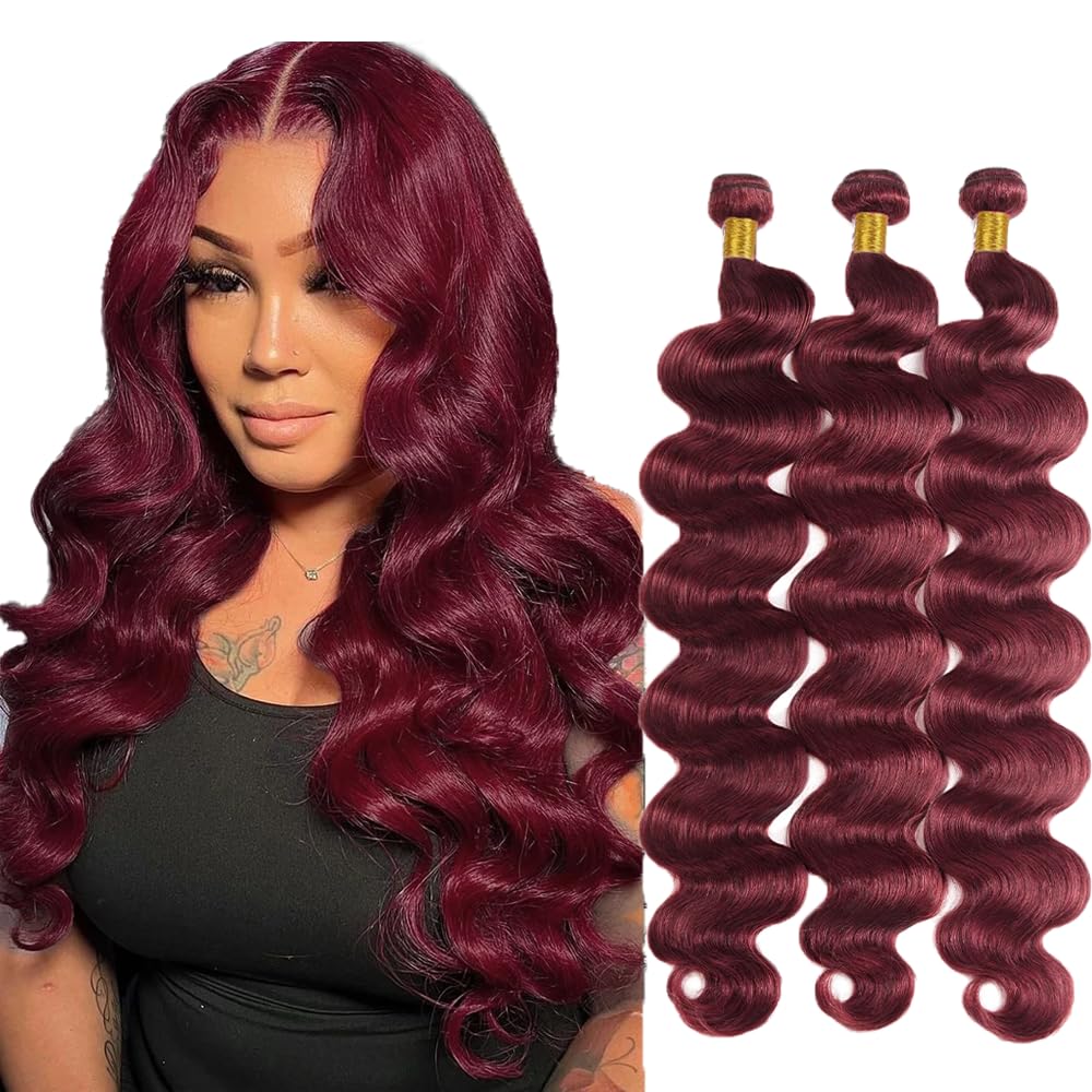 View 1 of #99J Wine Red Bundles Human Hair Body Wave Bundles 26 28 30 Inch Burgundy Unprocessed Brazilian Virgin Hair 3 Bundles Deals Quick Weave Hair Extensions 50 Gram Per Bundle