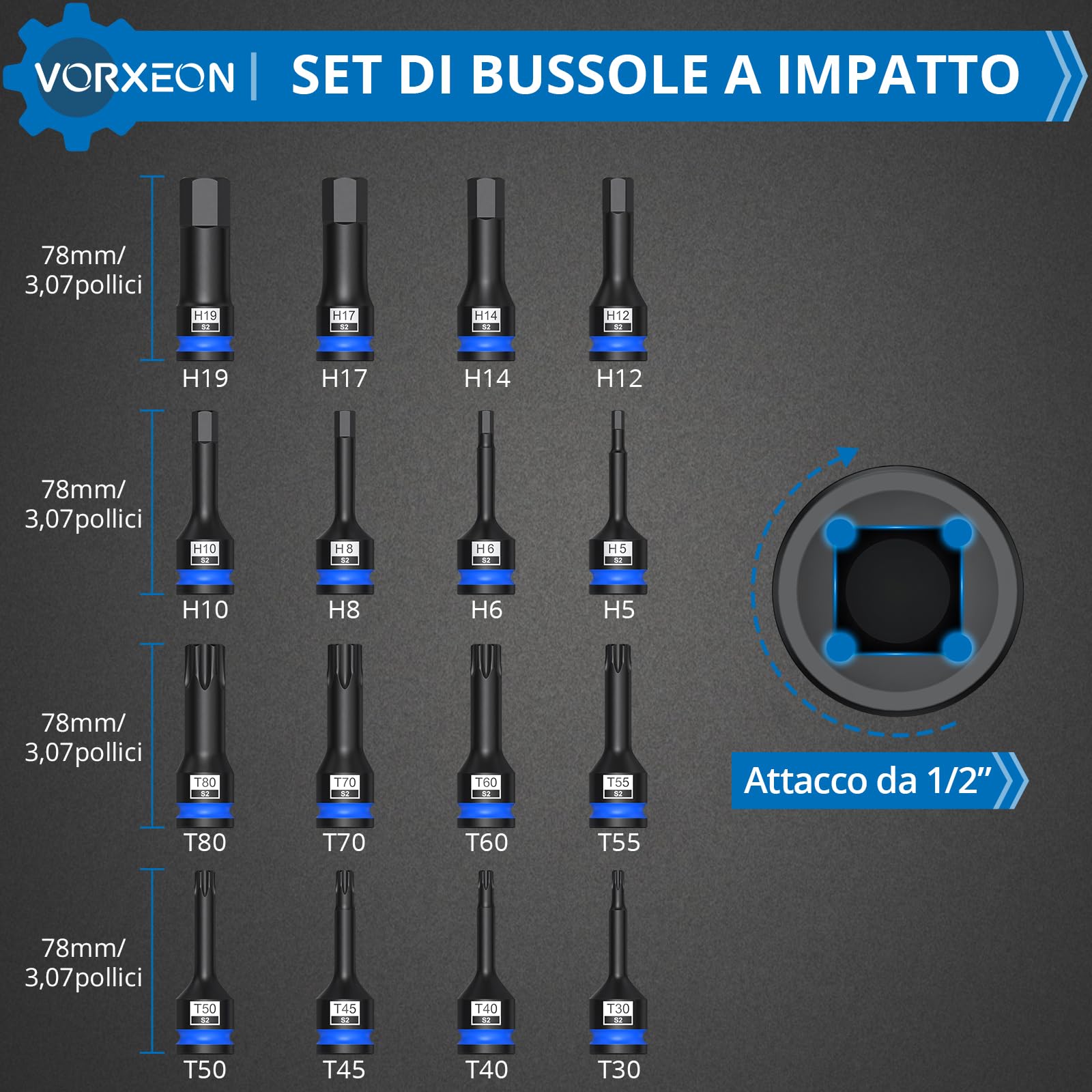 Set 16 PZ Chiavi a Bussole H e T in Acciaio S2 con Attacco da 1/2"