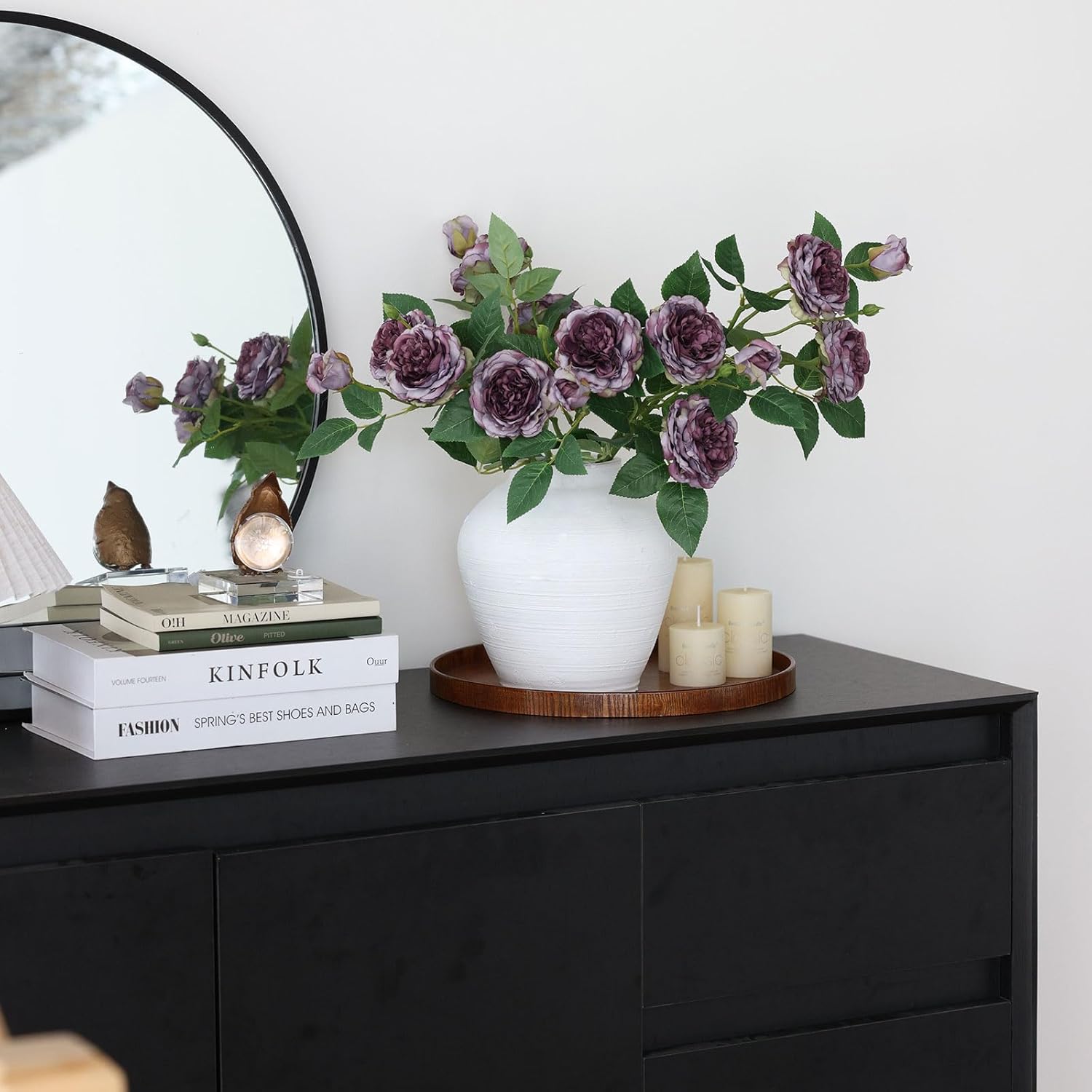 mizii 4Pcs Purple Artificial Roses Flowers Fake Silk Rose Flower with Leaves Stems Realistic Faux Floral Arrangement Decorations for Wedding Table Centerpieces Vase Home Decor (Gray Purple)