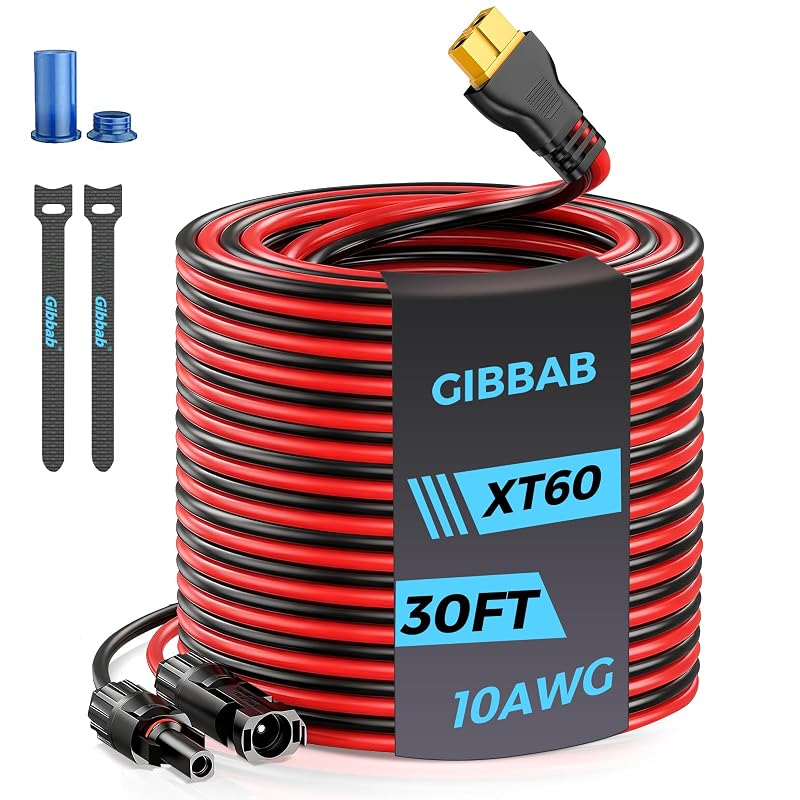 Cabo de carregamento solar 10AWG para XT60i com conectores macho e fêmea, 9,14 m, Gibbab vermelho