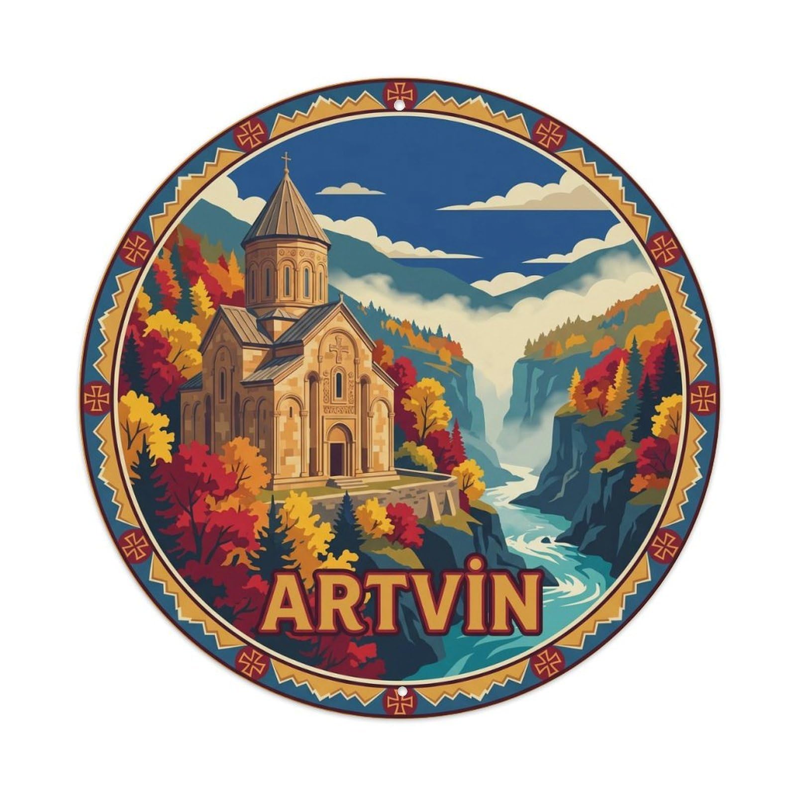 Olhnbad 8X8inch Style Artvin Savsat Georgian Church Pilgrimage Turkey Graphic Metal Tin Sign