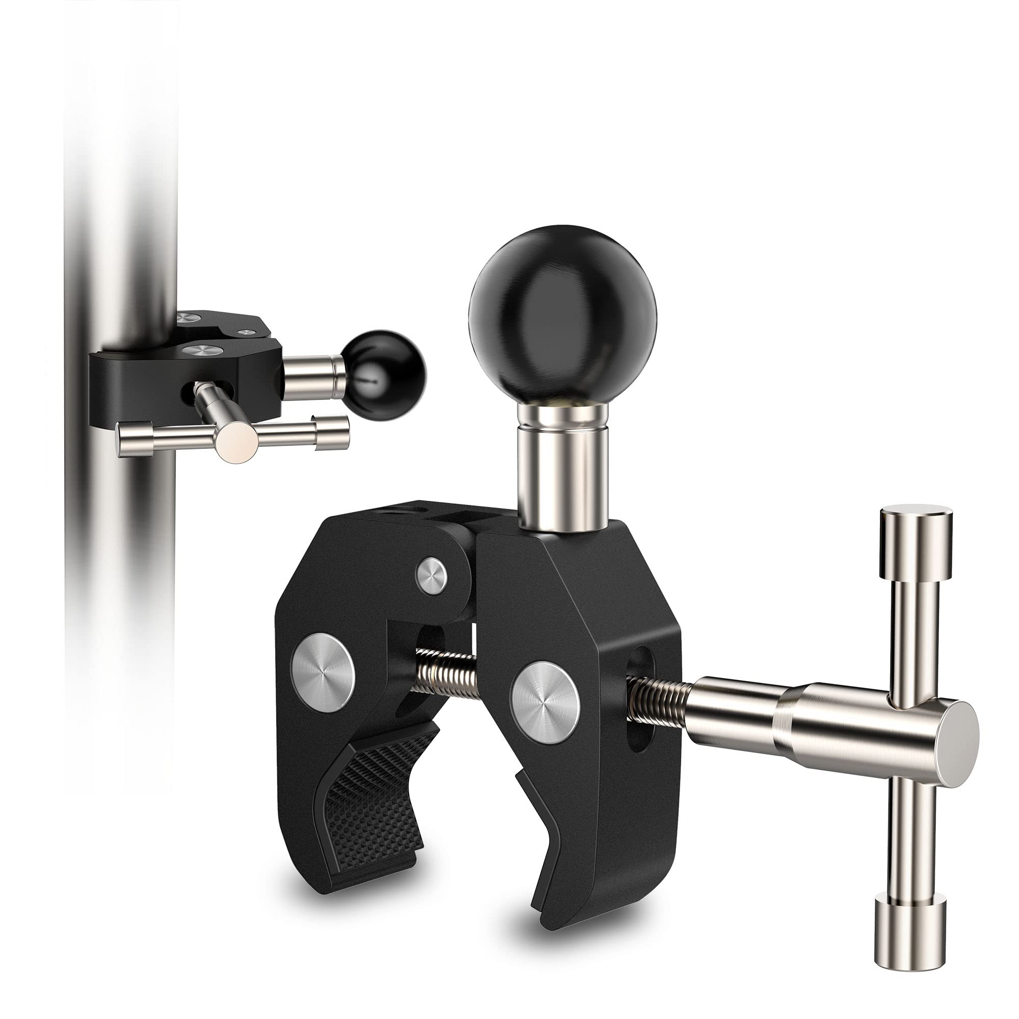 JitehshaTough-Claw Clamp Base Aluminum with 1" Ball Head Adapter with 1/4" & 3/8" Thread Holes Fit for Handlebar Diameter 0.51"-2.16" Compatible with RAM B Size Double Socket Arm Phone Mounts