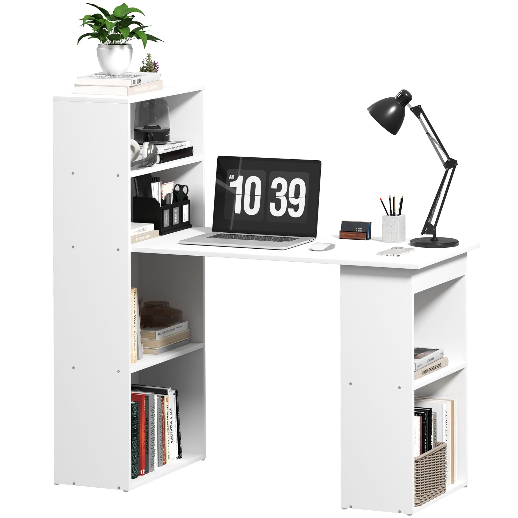HOMCOM Modern Home Office Desk with 6-Tier Storage Shelves, 47" Writing Desk with Bookshelf, White