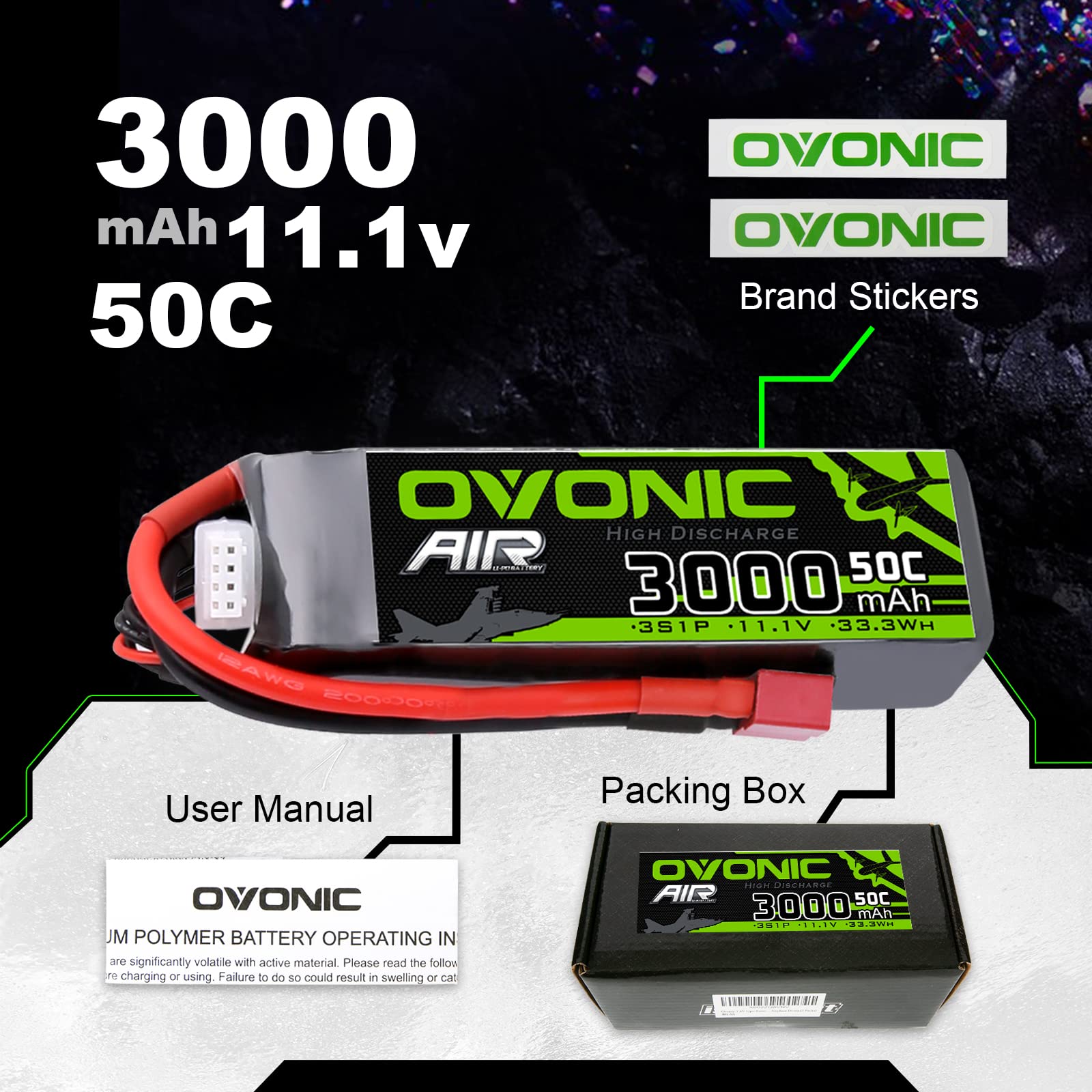 OVONIC 3s Batteria Lipo 3000mAh 50C 11.1V Lipo con Connettore a T stile Dean per RC Aereo Elicottero Auto Camion Truggy RC Hobby Fai da te (2 confezioni)