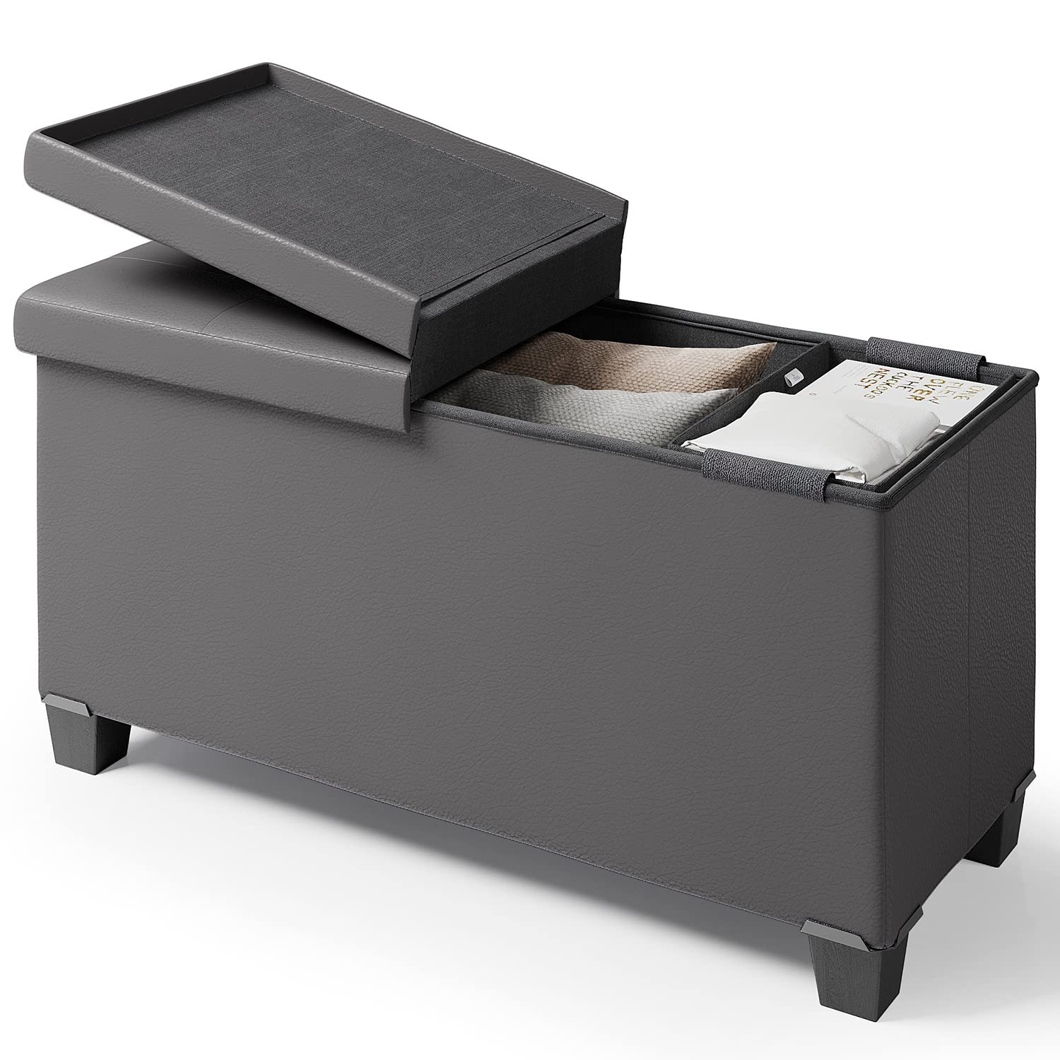 Hearth & Harbor Storage Ottoman Bench with Storage Bins, 30-In Grey Faux Leather Ottoman