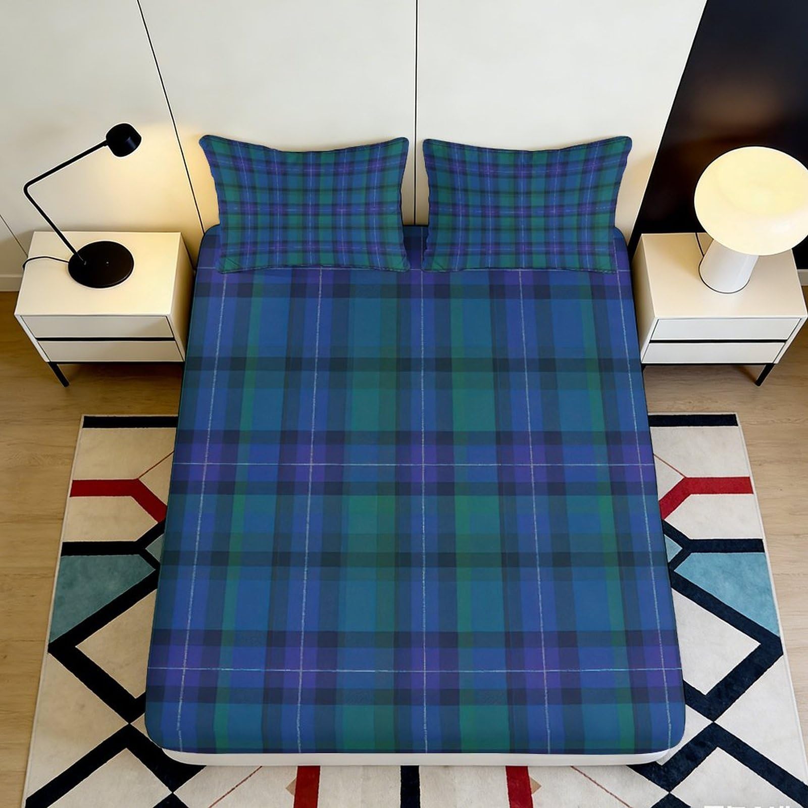 3D Printed Blue Green Plaid Fitted Sheet Microfiber Soft Breathable Tartan Mattress Cover for Bedroom Dorm Decor 90x200x25cm