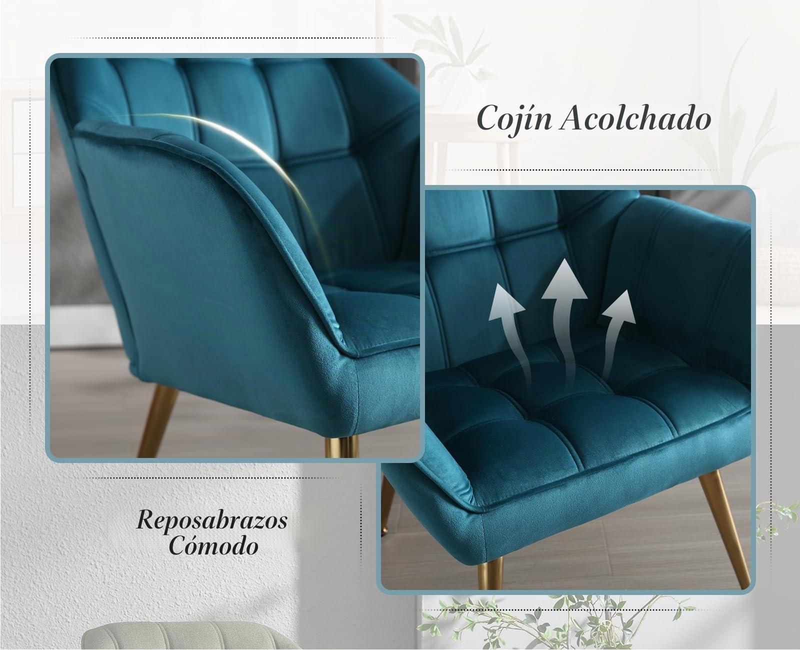 chairus Juego de 2 Sillón de Salón Acolchado con Reposabrazos Butaca Moderna, Sillón Tapizado de Lino Sofá Individual con Patas Metálicas Doradas para Salón/Dormitorio, Azul