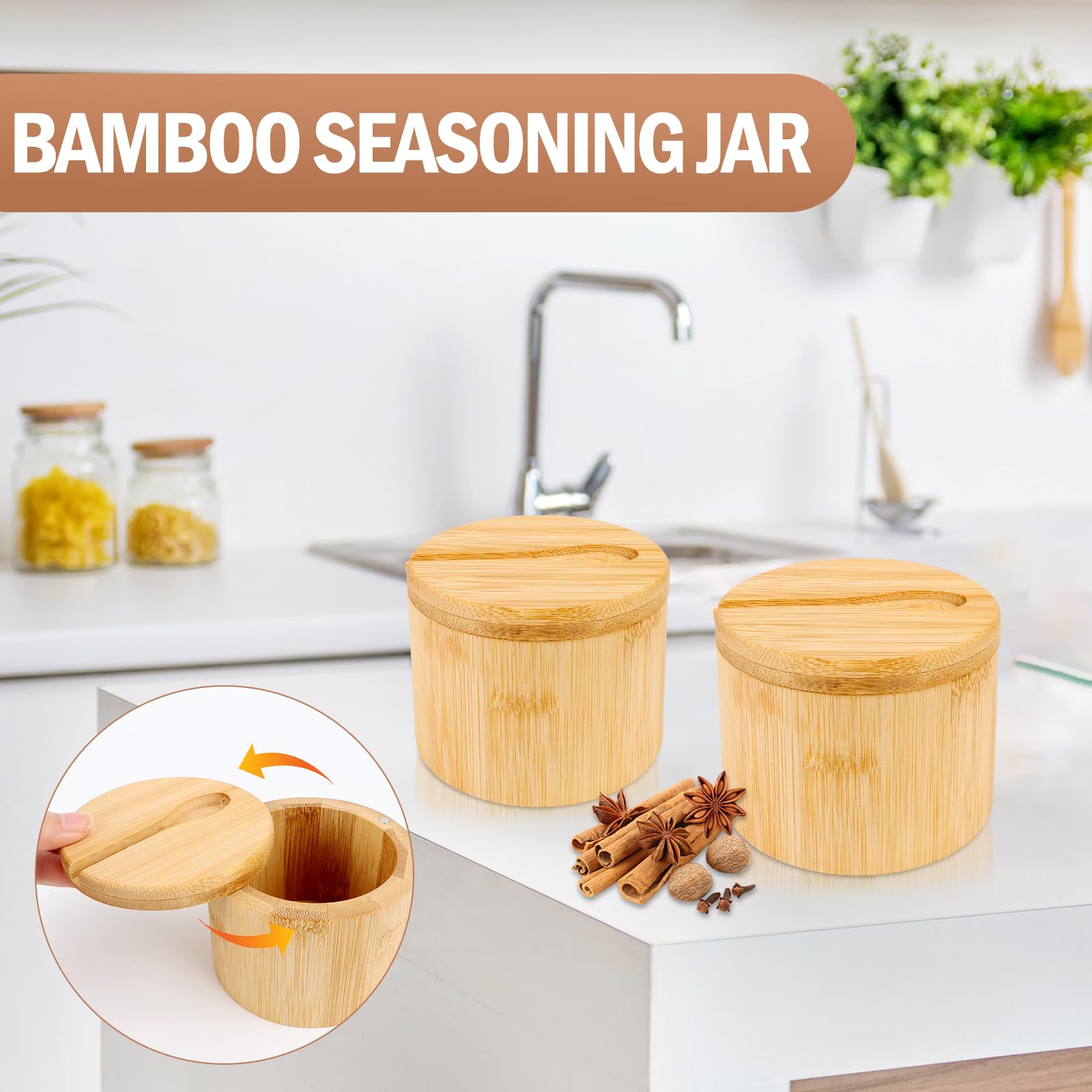 Lot de 2 boîtes à sel en bambou de 6 oz avec couvercle pivotant magnétique et cuillère, boîte de rangement ronde pour le stockage du sel, du poivre, des épices et des herbes