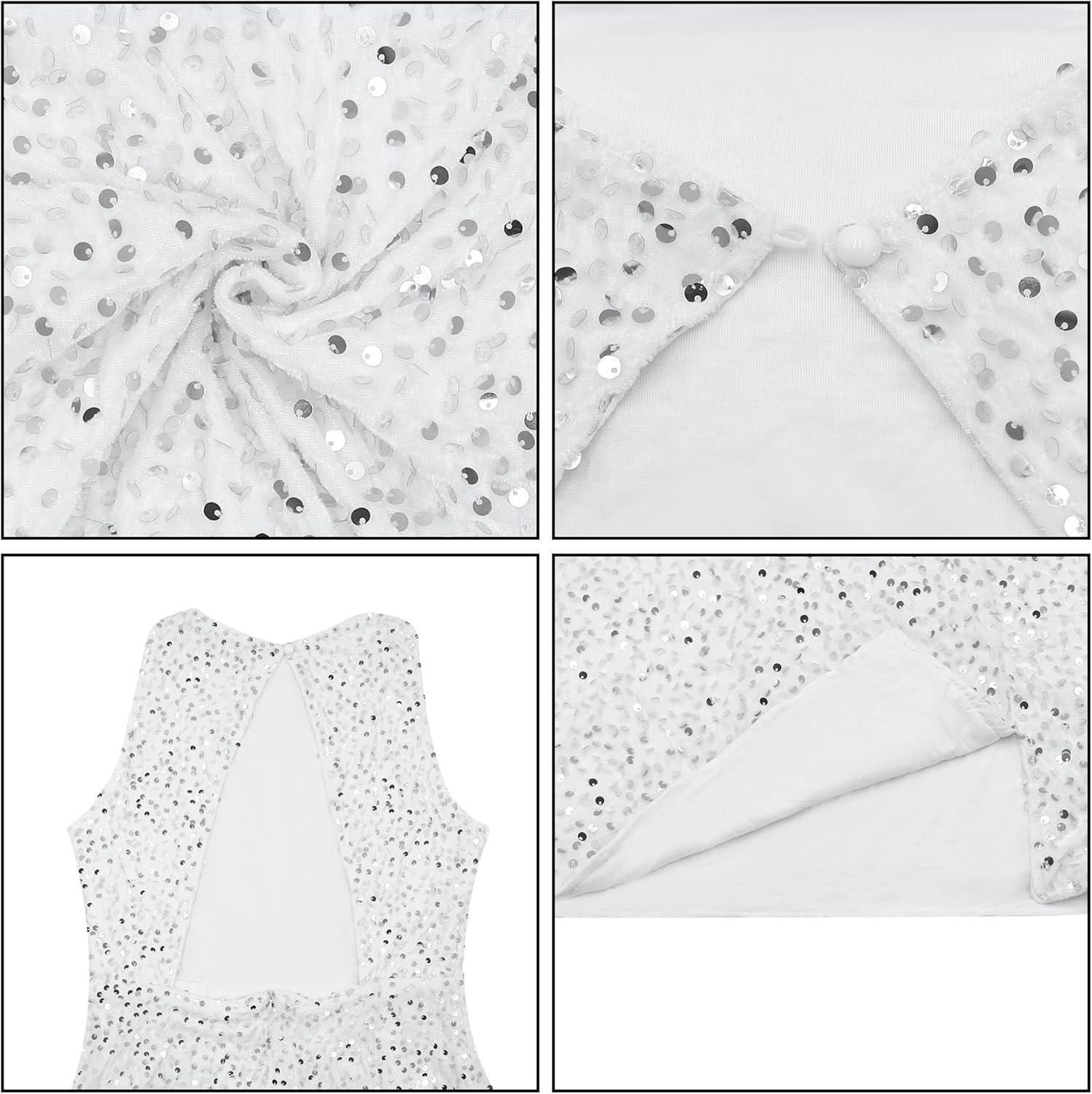 Women's Sequin Split Backless Mini Dress Sparkling Clubwear Night Out Party Bodycon Sleeveless Short Dress,White M - Image 4