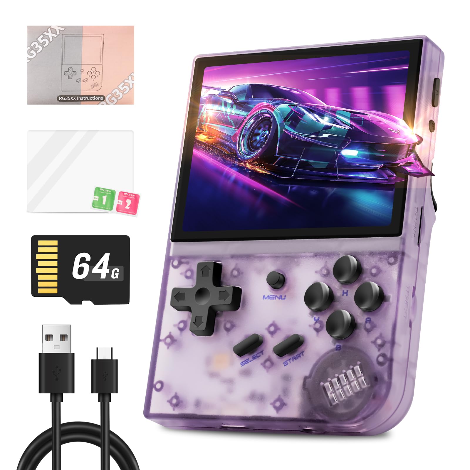 ANBERNIC RG35XX 핸드헬드 게임 콘솔 5400+ 클래식 게임 3.5인치 IPS 화면 리눅스 시스템 지원 2.4G 무선  게임패드 및 HDMI TV 출력 게임 콘솔 소년 및 소녀용 선물(보라색)-Freehip.co.kr