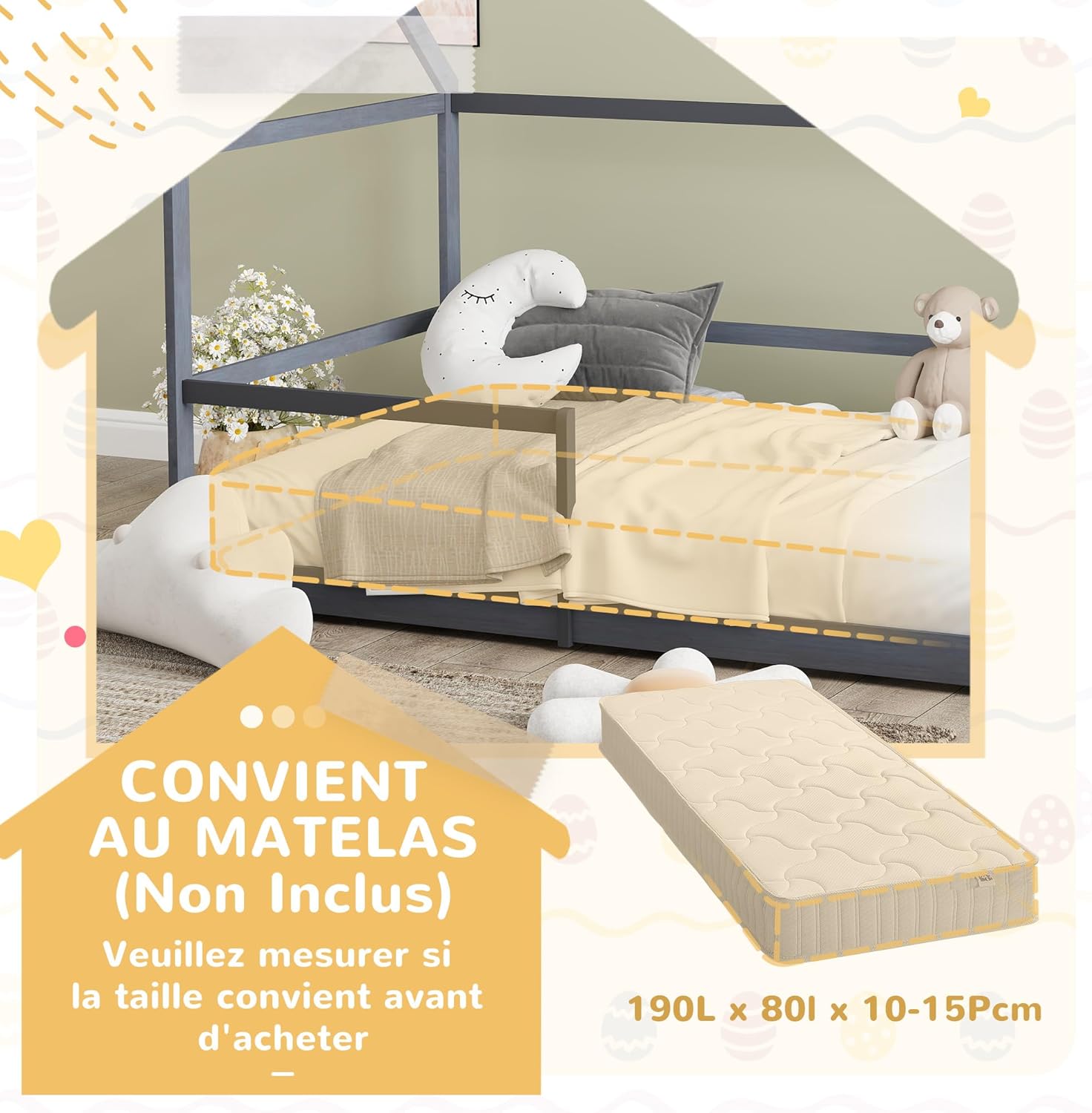 Schéma illustrant la taille de matelas recommandée de 190L x 80W x 10-15P cm pour le lit cabane pour enfants AIYAPLAY.