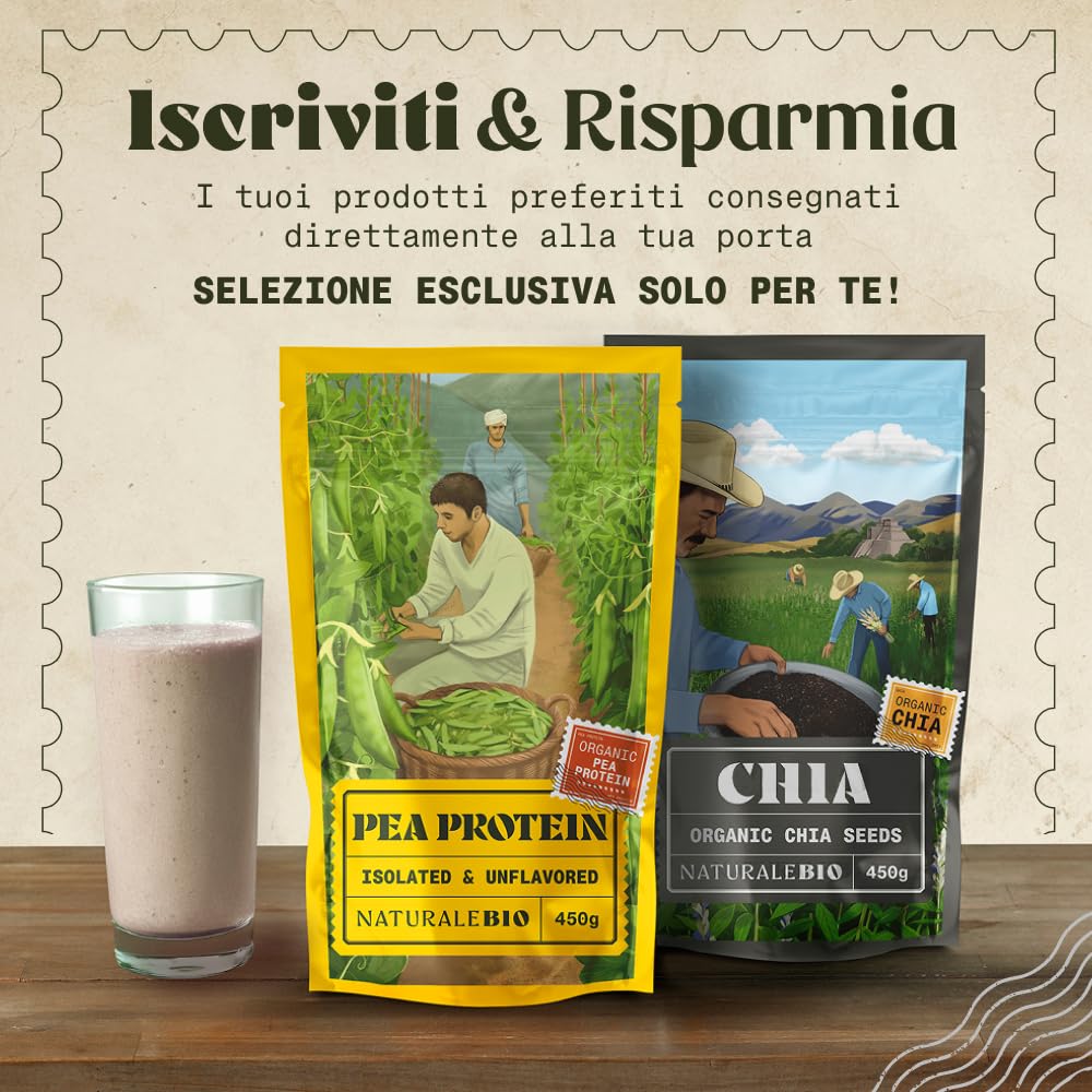 NaturaleBio Proteine di pisello 450g. Vegane, biologiche e non OGM. Ipoallergeniche e facilmente digeribili. Per la gestione del peso, il recupero e la crescita muscolare.