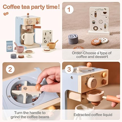 Miniatura 3 de EERKEOD Cafetera de juguete para niños, cafetera de madera para niños, juego para niños pequeños, accesorios de cocina, regalo para niñas y niños