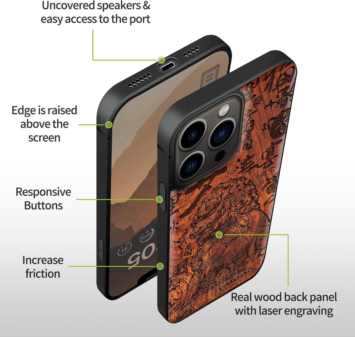Carveit Magnetic Wood Case for iPhone 13 Pro Max [Natural Wood & Black Soft TPU] Wooden Shockproof Protective Cover Compatible with magsafe (Chinese Guardian Lion -Rosy)