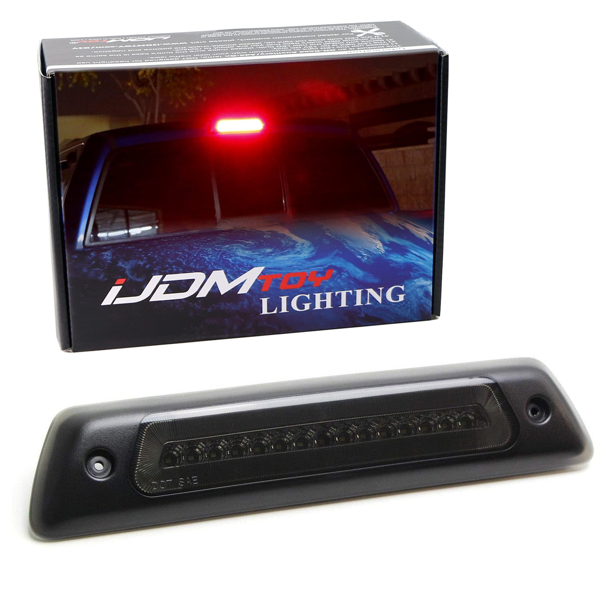 iJDMTOY Smoked Lens LED High Mount Tail Light Assembly Compatible With 2009-14 Ford F150, w/Red Halo Ring Brake & White LED Light Bar Cargo Light