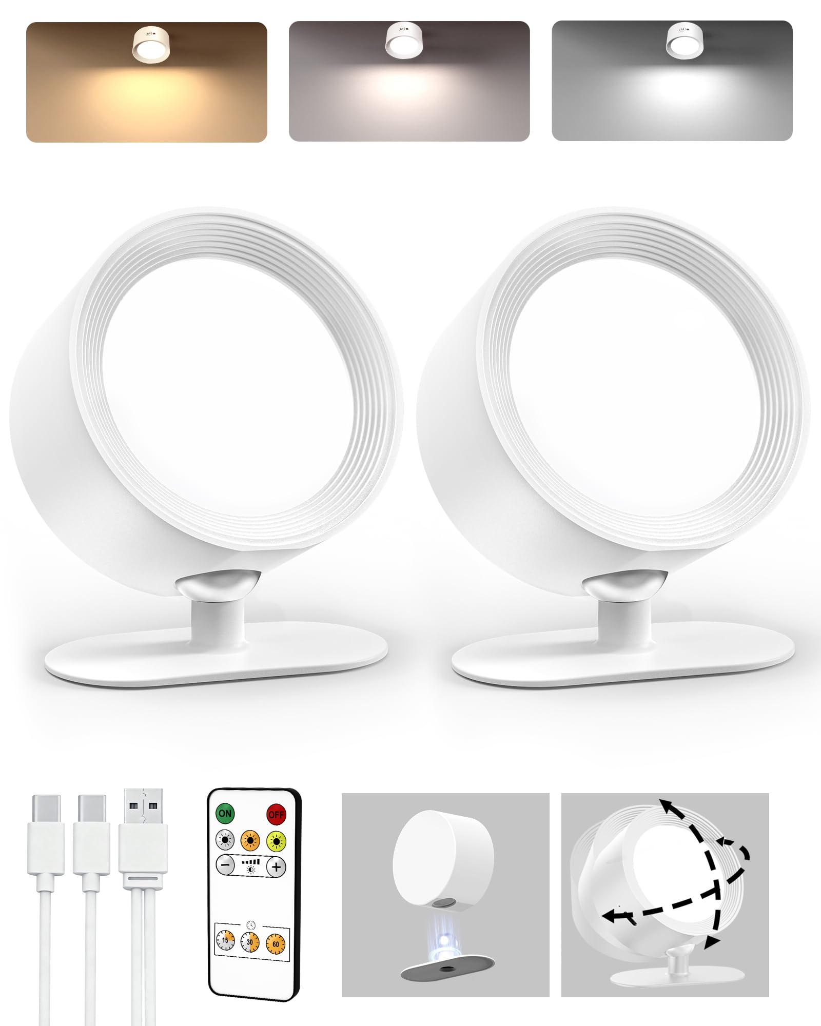 LED Wall Mounted Lights, Rechargeable Wall Sconces Lamp, 3 Color Temps & Remote and Touch, 360°Rotation Dimmable Cordless Wall Light for Study Bedroom Reading Bedside(White, 2 Pack)