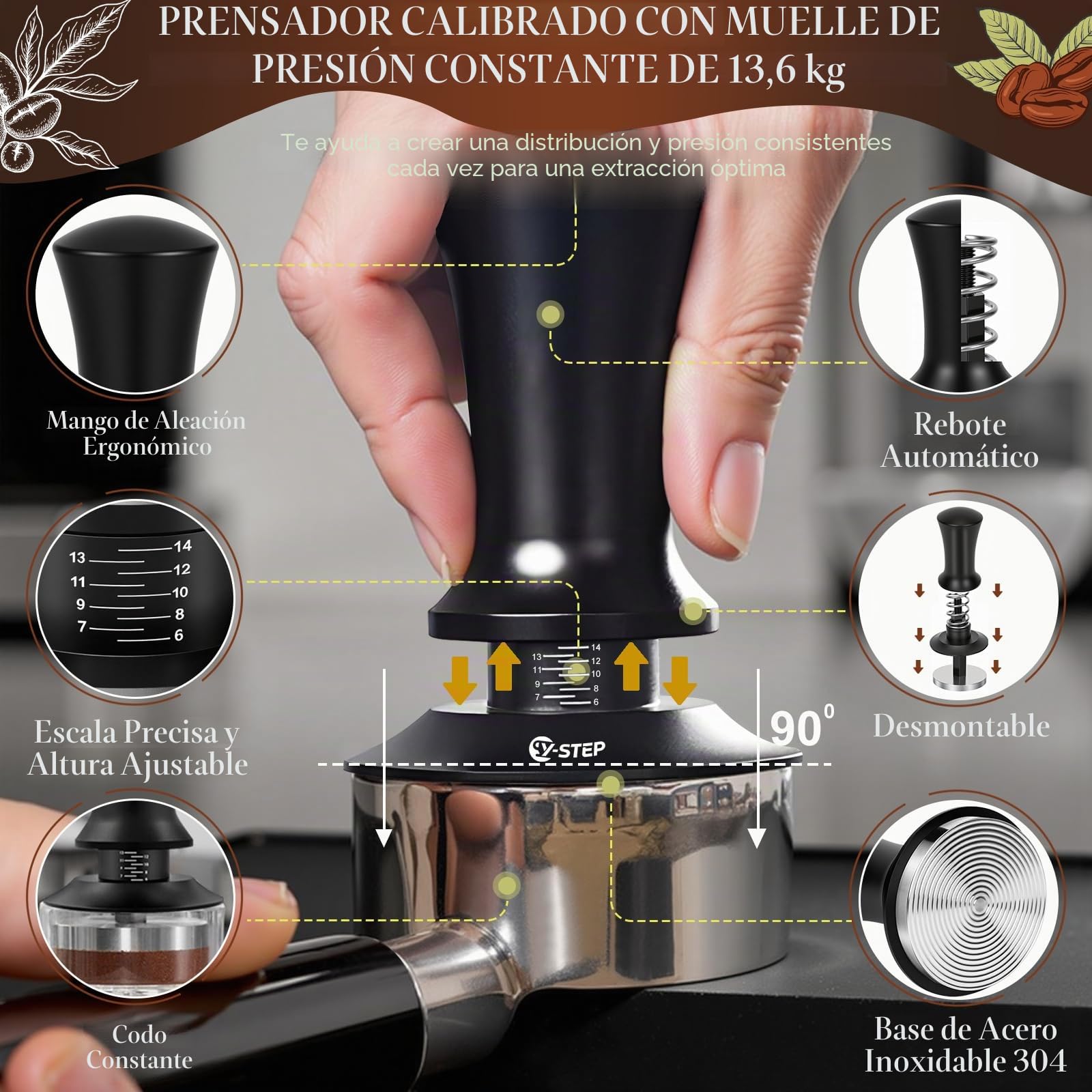 Y-Step Juego de 8 accesorios para espresso, tamper de café de 51mm con estación de tamper, nivelador de café, herramienta WDT, anillo dosificador, cepillo de limpieza, pantalla de disco, agitador