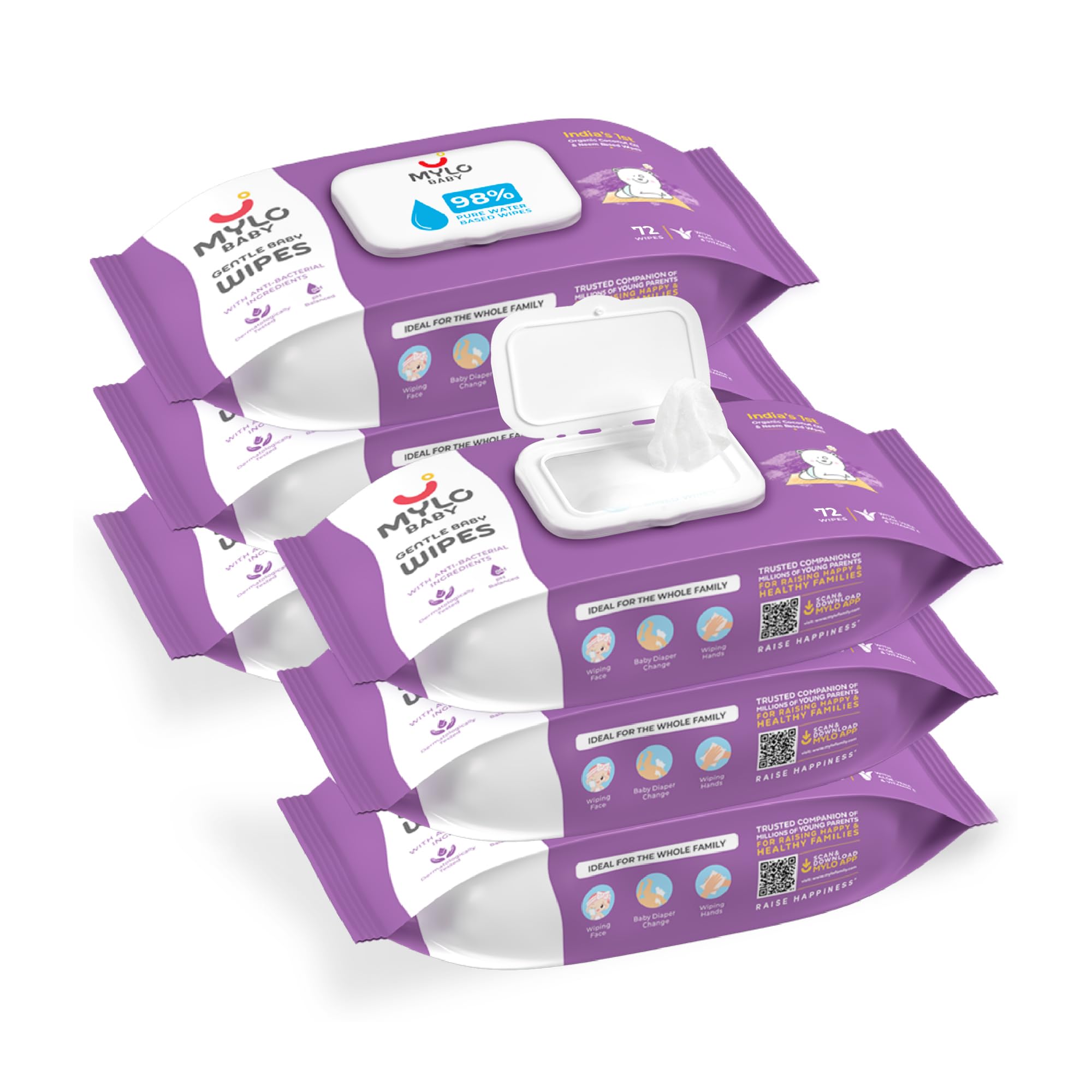 Care Gentle Baby Wipes With Lid (Pack of 6) | 80 Wipes per Pack | Organic Coconut Oil, Neem, Aloe Vera and Vitamin E | 98% Pure Water