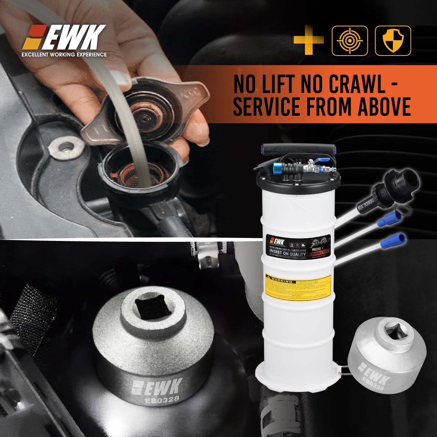 EWK Oil Change Kit, 6.5L Pneumatic/Manual Oil Extractor Pump + 32mm Low Profile Oil Filter Wrench Socket, Complete DIY & Garage Solution for Clean, Maintenance