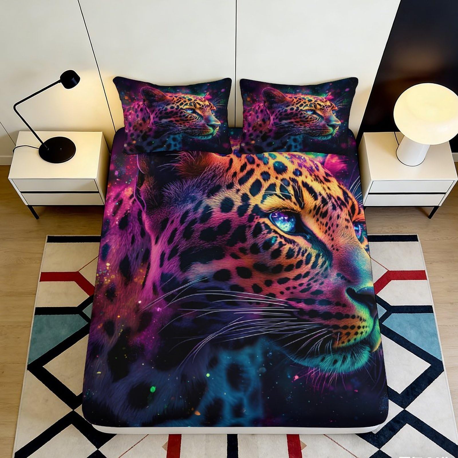 3D Printed Neon Leopard Fitted Sheet Microfiber Soft Breathable Galaxy Bed Cover for Bedroom Dormitory Guest Room Mattress Protection Decor 140x200x25cm