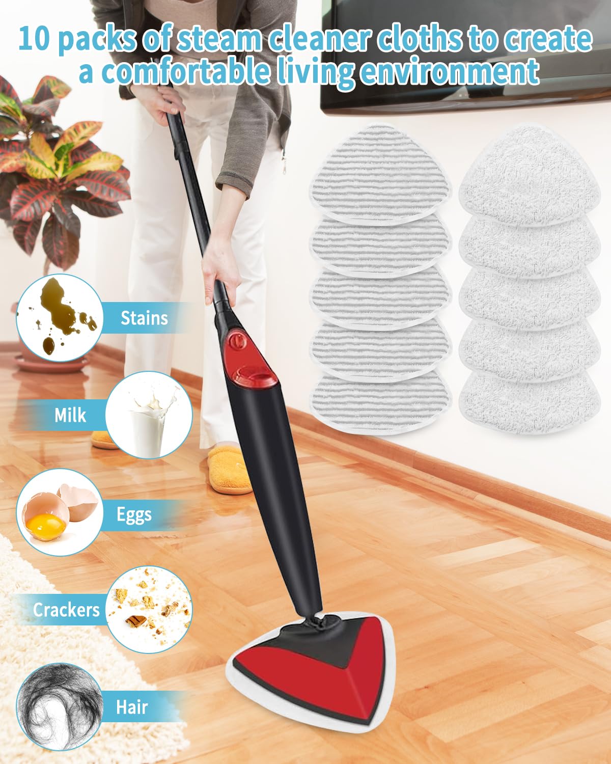 10 Panni Scopa a Vapore per Vileda Steam & Vileda Steam PLUS, Ricambio per Vileda Scopa a Vapore in Microfibra, Lavabile Triangolare Panni per Scopa A Vapore