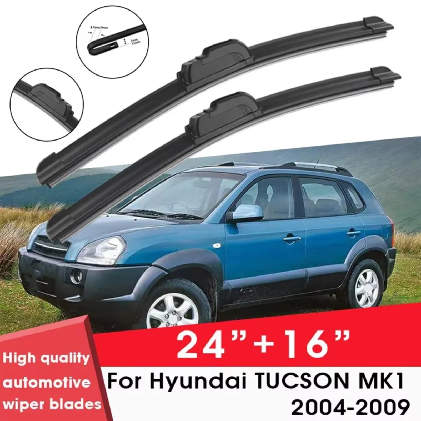 Kit Tergicristallo Compatibile Con Hyundai Per TUCSON Per MK1 2004 2005 2006 2007 2008 2009 24"+ 16" Parabrezza Tergicristalli In Gomma Naturale Per La Pulizia Del Parabrezza