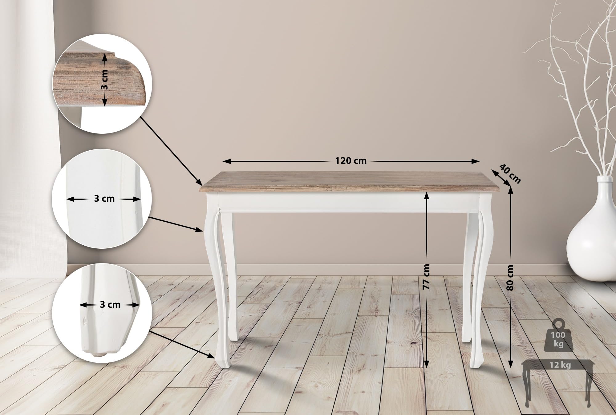 CLP Tavolo console Balto I Tavolino con piano in legno massello I Credenza per ingresso e soggiorno in stile shabby chic, Colore:natura/bianco
